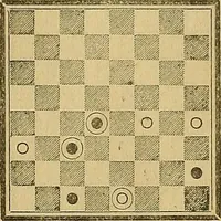 An illustration from The game of draughts; simplified and illustrated with diagrams. Founded on the games of Andrew Anderson (1881)