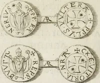 An illustration from Gasparis Aloysii Oderici ... Dissertationes et adnotationes in aliquot ineditas veterum inscriptiones et numismata accedunt inscriptiones et monumenta quae extant in bibliotheca monachorum camaldulensium S. Gregorii in Monte Coelio explicationibvs illvstrata (1765)