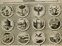 Picture 30 of 34 from Gedancken Muster und Anleitungen : worinen eine grosse Zahl nicht allein Sumarischer sondern auch Moral: emblematischen Figuren in vier Sprachen als Lat: Franz: Ital: und Teutsch vorstellet samt noch eines Stambuchs schöner Anweisungen woraus bey jeder Gelegenheit aus solchen etwas kan gezogen werden (1700), leaf 64