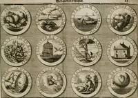 Picture 32 of 34 from Gedancken Muster und Anleitungen : worinen eine grosse Zahl nicht allein Sumarischer sondern auch Moral: emblematischen Figuren in vier Sprachen als Lat: Franz: Ital: und Teutsch vorstellet samt noch eines Stambuchs schöner Anweisungen woraus bey jeder Gelegenheit aus solchen etwas kan gezogen werden (1700), leaf 68