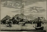 An illustration from Gedenkwaerdig bedryf der Nederlandsche Oost-Indische maetschappye, op de kuste en in het keizerrijk van Taising of Sina: behelzende het tweede gezandschap aen den onder-koning Singlamong en veldheer Taising Lipoui; door Jan van Kampen en Konstantyn Nobel. Vervolgt met een verhael van het voorgevallen des jaers zestien hondert drie ein vier en zestig, op de kust van Sina, en ontrent d'eilanden Tayowan, Formosa, Ay en Quemuy, onder 't gezag van Balthasar Bort: en het derde gezandschap aen Konchy, Tartarsche keizer van Sina en Oost-Tartarye: onder beleit van Zijne Ed. Pieter van Hoorn. Beneffens een beschryving van geheel Sina. Verciert doorgaens met verscheide kopere platen (1670)
