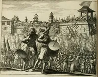 An illustration from Gedenkwaerdig bedryf der Nederlandsche Oost-Indische maetschappye, op de kuste en in het keizerrijk van Taising of Sina: behelzende het tweede gezandschap aen den onder-koning Singlamong en veldheer Taising Lipoui; door Jan van Kampen en Konstantyn Nobel. Vervolgt met een verhael van het voorgevallen des jaers zestien hondert drie ein vier en zestig, op de kust van Sina, en ontrent d'eilanden Tayowan, Formosa, Ay en Quemuy, onder 't gezag van Balthasar Bort: en het derde gezandschap aen Konchy, Tartarsche keizer van Sina en Oost-Tartarye: onder beleit van Zijne Ed. Pieter van Hoorn. Beneffens een beschryving van geheel Sina. Verciert doorgaens met verscheide kopere platen (1670)