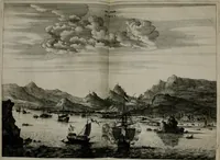 An illustration from Gedenkwaerdig bedryf der Nederlandsche Oost-Indische maetschappye, op de kuste en in het keizerrijk van Taising of Sina: behelzende het tweede gezandschap aen den onder-koning Singlamong en veldheer Taising Lipoui; door Jan van Kampen en Konstantyn Nobel. Vervolgt met een verhael van het voorgevallen des jaers zestien hondert drie ein vier en zestig, op de kust van Sina, en ontrent d'eilanden Tayowan, Formosa, Ay en Quemuy, onder 't gezag van Balthasar Bort: en het derde gezandschap aen Konchy, Tartarsche keizer van Sina en Oost-Tartarye: onder beleit van Zijne Ed. Pieter van Hoorn. Beneffens een beschryving van geheel Sina. Verciert doorgaens met verscheide kopere platen (1670)