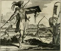 An illustration from Gedenkwaerdig bedryf der Nederlandsche Oost-Indische maetschappye, op de kuste en in het keizerrijk van Taising of Sina: behelzende het tweede gezandschap aen den onder-koning Singlamong en veldheer Taising Lipoui; door Jan van Kampen en Konstantyn Nobel. Vervolgt met een verhael van het voorgevallen des jaers zestien hondert drie ein vier en zestig, op de kust van Sina, en ontrent d'eilanden Tayowan, Formosa, Ay en Quemuy, onder 't gezag van Balthasar Bort: en het derde gezandschap aen Konchy, Tartarsche keizer van Sina en Oost-Tartarye: onder beleit van Zijne Ed. Pieter van Hoorn. Beneffens een beschryving van geheel Sina. Verciert doorgaens met verscheide kopere platen (1670)