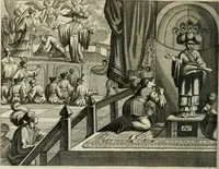 An illustration from Gedenkwaerdig bedryf der Nederlandsche Oost-Indische maetschappye, op de kuste en in het keizerrijk van Taising of Sina: behelzende het tweede gezandschap aen den onder-koning Singlamong en veldheer Taising Lipoui; door Jan van Kampen en Konstantyn Nobel. Vervolgt met een verhael van het voorgevallen des jaers zestien hondert drie ein vier en zestig, op de kust van Sina, en ontrent d'eilanden Tayowan, Formosa, Ay en Quemuy, onder 't gezag van Balthasar Bort: en het derde gezandschap aen Konchy, Tartarsche keizer van Sina en Oost-Tartarye: onder beleit van Zijne Ed. Pieter van Hoorn. Beneffens een beschryving van geheel Sina. Verciert doorgaens met verscheide kopere platen (1670)