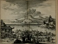 An illustration from Gedenkwaerdig bedryf der Nederlandsche Oost-Indische maetschappye, op de kuste en in het keizerrijk van Taising of Sina: behelzende het tweede gezandschap aen den onder-koning Singlamong en veldheer Taising Lipoui; door Jan van Kampen en Konstantyn Nobel. Vervolgt met een verhael van het voorgevallen des jaers zestien hondert drie ein vier en zestig, op de kust van Sina, en ontrent d'eilanden Tayowan, Formosa, Ay en Quemuy, onder 't gezag van Balthasar Bort: en het derde gezandschap aen Konchy, Tartarsche keizer van Sina en Oost-Tartarye: onder beleit van Zijne Ed. Pieter van Hoorn. Beneffens een beschryving van geheel Sina. Verciert doorgaens met verscheide kopere platen (1670)