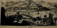 An illustration from Gedenkwaerdig bedryf der Nederlandsche Oost-Indische maetschappye, op de kuste en in het keizerrijk van Taising of Sina: behelzende het tweede gezandschap aen den onder-koning Singlamong en veldheer Taising Lipoui; door Jan van Kampen en Konstantyn Nobel. Vervolgt met een verhael van het voorgevallen des jaers zestien hondert drie ein vier en zestig, op de kust van Sina, en ontrent d'eilanden Tayowan, Formosa, Ay en Quemuy, onder 't gezag van Balthasar Bort: en het derde gezandschap aen Konchy, Tartarsche keizer van Sina en Oost-Tartarye: onder beleit van Zijne Ed. Pieter van Hoorn. Beneffens een beschryving van geheel Sina. Verciert doorgaens met verscheide kopere platen (1670)