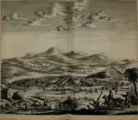 An illustration from Gedenkwaerdig bedryf der Nederlandsche Oost-Indische maetschappye, op de kuste en in het keizerrijk van Taising of Sina: behelzende het tweede gezandschap aen den onder-koning Singlamong en veldheer Taising Lipoui; door Jan van Kampen en Konstantyn Nobel. Vervolgt met een verhael van het voorgevallen des jaers zestien hondert drie ein vier en zestig, op de kust van Sina, en ontrent d'eilanden Tayowan, Formosa, Ay en Quemuy, onder 't gezag van Balthasar Bort: en het derde gezandschap aen Konchy, Tartarsche keizer van Sina en Oost-Tartarye: onder beleit van Zijne Ed. Pieter van Hoorn. Beneffens een beschryving van geheel Sina. Verciert doorgaens met verscheide kopere platen (1670)
