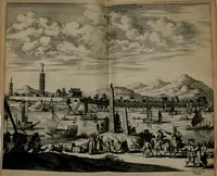 An illustration from Gedenkwaerdig bedryf der Nederlandsche Oost-Indische maetschappye, op de kuste en in het keizerrijk van Taising of Sina: behelzende het tweede gezandschap aen den onder-koning Singlamong en veldheer Taising Lipoui; door Jan van Kampen en Konstantyn Nobel. Vervolgt met een verhael van het voorgevallen des jaers zestien hondert drie ein vier en zestig, op de kust van Sina, en ontrent d'eilanden Tayowan, Formosa, Ay en Quemuy, onder 't gezag van Balthasar Bort: en het derde gezandschap aen Konchy, Tartarsche keizer van Sina en Oost-Tartarye: onder beleit van Zijne Ed. Pieter van Hoorn. Beneffens een beschryving van geheel Sina. Verciert doorgaens met verscheide kopere platen (1670)