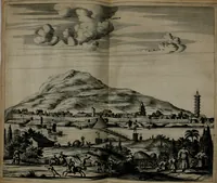 An illustration from Gedenkwaerdig bedryf der Nederlandsche Oost-Indische maetschappye, op de kuste en in het keizerrijk van Taising of Sina: behelzende het tweede gezandschap aen den onder-koning Singlamong en veldheer Taising Lipoui; door Jan van Kampen en Konstantyn Nobel. Vervolgt met een verhael van het voorgevallen des jaers zestien hondert drie ein vier en zestig, op de kust van Sina, en ontrent d'eilanden Tayowan, Formosa, Ay en Quemuy, onder 't gezag van Balthasar Bort: en het derde gezandschap aen Konchy, Tartarsche keizer van Sina en Oost-Tartarye: onder beleit van Zijne Ed. Pieter van Hoorn. Beneffens een beschryving van geheel Sina. Verciert doorgaens met verscheide kopere platen (1670)
