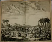 An illustration from Gedenkwaerdig bedryf der Nederlandsche Oost-Indische maetschappye, op de kuste en in het keizerrijk van Taising of Sina: behelzende het tweede gezandschap aen den onder-koning Singlamong en veldheer Taising Lipoui; door Jan van Kampen en Konstantyn Nobel. Vervolgt met een verhael van het voorgevallen des jaers zestien hondert drie ein vier en zestig, op de kust van Sina, en ontrent d'eilanden Tayowan, Formosa, Ay en Quemuy, onder 't gezag van Balthasar Bort: en het derde gezandschap aen Konchy, Tartarsche keizer van Sina en Oost-Tartarye: onder beleit van Zijne Ed. Pieter van Hoorn. Beneffens een beschryving van geheel Sina. Verciert doorgaens met verscheide kopere platen (1670)