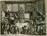 An illustration from Gedenkwaerdig bedryf der Nederlandsche Oost-Indische maetschappye, op de kuste en in het keizerrijk van Taising of Sina: behelzende het tweede gezandschap aen den onder-koning Singlamong en veldheer Taising Lipoui; door Jan van Kampen en Konstantyn Nobel. Vervolgt met een verhael van het voorgevallen des jaers zestien hondert drie ein vier en zestig, op de kust van Sina, en ontrent d'eilanden Tayowan, Formosa, Ay en Quemuy, onder 't gezag van Balthasar Bort: en het derde gezandschap aen Konchy, Tartarsche keizer van Sina en Oost-Tartarye: onder beleit van Zijne Ed. Pieter van Hoorn. Beneffens een beschryving van geheel Sina. Verciert doorgaens met verscheide kopere platen (1670)