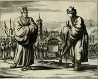 An illustration from Gedenkwaerdig bedryf der Nederlandsche Oost-Indische maetschappye, op de kuste en in het keizerrijk van Taising of Sina: behelzende het tweede gezandschap aen den onder-koning Singlamong en veldheer Taising Lipoui; door Jan van Kampen en Konstantyn Nobel. Vervolgt met een verhael van het voorgevallen des jaers zestien hondert drie ein vier en zestig, op de kust van Sina, en ontrent d'eilanden Tayowan, Formosa, Ay en Quemuy, onder 't gezag van Balthasar Bort: en het derde gezandschap aen Konchy, Tartarsche keizer van Sina en Oost-Tartarye: onder beleit van Zijne Ed. Pieter van Hoorn. Beneffens een beschryving van geheel Sina. Verciert doorgaens met verscheide kopere platen (1670)