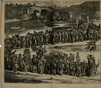 An illustration from Gedenkwaerdig bedryf der Nederlandsche Oost-Indische maetschappye, op de kuste en in het keizerrijk van Taising of Sina: behelzende het tweede gezandschap aen den onder-koning Singlamong en veldheer Taising Lipoui; door Jan van Kampen en Konstantyn Nobel. Vervolgt met een verhael van het voorgevallen des jaers zestien hondert drie ein vier en zestig, op de kust van Sina, en ontrent d'eilanden Tayowan, Formosa, Ay en Quemuy, onder 't gezag van Balthasar Bort: en het derde gezandschap aen Konchy, Tartarsche keizer van Sina en Oost-Tartarye: onder beleit van Zijne Ed. Pieter van Hoorn. Beneffens een beschryving van geheel Sina. Verciert doorgaens met verscheide kopere platen (1670)