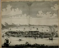 An illustration from Gedenkwaerdig bedryf der Nederlandsche Oost-Indische maetschappye, op de kuste en in het keizerrijk van Taising of Sina: behelzende het tweede gezandschap aen den onder-koning Singlamong en veldheer Taising Lipoui; door Jan van Kampen en Konstantyn Nobel. Vervolgt met een verhael van het voorgevallen des jaers zestien hondert drie ein vier en zestig, op de kust van Sina, en ontrent d'eilanden Tayowan, Formosa, Ay en Quemuy, onder 't gezag van Balthasar Bort: en het derde gezandschap aen Konchy, Tartarsche keizer van Sina en Oost-Tartarye: onder beleit van Zijne Ed. Pieter van Hoorn. Beneffens een beschryving van geheel Sina. Verciert doorgaens met verscheide kopere platen (1670)