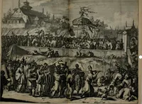 An illustration from Gedenkwaerdig bedryf der Nederlandsche Oost-Indische maetschappye, op de kuste en in het keizerrijk van Taising of Sina: behelzende het tweede gezandschap aen den onder-koning Singlamong en veldheer Taising Lipoui; door Jan van Kampen en Konstantyn Nobel. Vervolgt met een verhael van het voorgevallen des jaers zestien hondert drie ein vier en zestig, op de kust van Sina, en ontrent d'eilanden Tayowan, Formosa, Ay en Quemuy, onder 't gezag van Balthasar Bort: en het derde gezandschap aen Konchy, Tartarsche keizer van Sina en Oost-Tartarye: onder beleit van Zijne Ed. Pieter van Hoorn. Beneffens een beschryving van geheel Sina. Verciert doorgaens met verscheide kopere platen (1670)