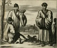 An illustration from Gedenkwaerdig bedryf der Nederlandsche Oost-Indische maetschappye, op de kuste en in het keizerrijk van Taising of Sina: behelzende het tweede gezandschap aen den onder-koning Singlamong en veldheer Taising Lipoui; door Jan van Kampen en Konstantyn Nobel. Vervolgt met een verhael van het voorgevallen des jaers zestien hondert drie ein vier en zestig, op de kust van Sina, en ontrent d'eilanden Tayowan, Formosa, Ay en Quemuy, onder 't gezag van Balthasar Bort: en het derde gezandschap aen Konchy, Tartarsche keizer van Sina en Oost-Tartarye: onder beleit van Zijne Ed. Pieter van Hoorn. Beneffens een beschryving van geheel Sina. Verciert doorgaens met verscheide kopere platen (1670)