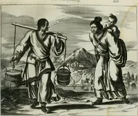 An illustration from Gedenkwaerdig bedryf der Nederlandsche Oost-Indische maetschappye, op de kuste en in het keizerrijk van Taising of Sina: behelzende het tweede gezandschap aen den onder-koning Singlamong en veldheer Taising Lipoui; door Jan van Kampen en Konstantyn Nobel. Vervolgt met een verhael van het voorgevallen des jaers zestien hondert drie ein vier en zestig, op de kust van Sina, en ontrent d'eilanden Tayowan, Formosa, Ay en Quemuy, onder 't gezag van Balthasar Bort: en het derde gezandschap aen Konchy, Tartarsche keizer van Sina en Oost-Tartarye: onder beleit van Zijne Ed. Pieter van Hoorn. Beneffens een beschryving van geheel Sina. Verciert doorgaens met verscheide kopere platen (1670)