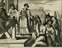 An illustration from Gedenkwaerdig bedryf der Nederlandsche Oost-Indische maetschappye, op de kuste en in het keizerrijk van Taising of Sina: behelzende het tweede gezandschap aen den onder-koning Singlamong en veldheer Taising Lipoui; door Jan van Kampen en Konstantyn Nobel. Vervolgt met een verhael van het voorgevallen des jaers zestien hondert drie ein vier en zestig, op de kust van Sina, en ontrent d'eilanden Tayowan, Formosa, Ay en Quemuy, onder 't gezag van Balthasar Bort: en het derde gezandschap aen Konchy, Tartarsche keizer van Sina en Oost-Tartarye: onder beleit van Zijne Ed. Pieter van Hoorn. Beneffens een beschryving van geheel Sina. Verciert doorgaens met verscheide kopere platen (1670)