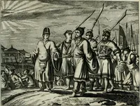 An illustration from Gedenkwaerdig bedryf der Nederlandsche Oost-Indische maetschappye, op de kuste en in het keizerrijk van Taising of Sina: behelzende het tweede gezandschap aen den onder-koning Singlamong en veldheer Taising Lipoui; door Jan van Kampen en Konstantyn Nobel. Vervolgt met een verhael van het voorgevallen des jaers zestien hondert drie ein vier en zestig, op de kust van Sina, en ontrent d'eilanden Tayowan, Formosa, Ay en Quemuy, onder 't gezag van Balthasar Bort: en het derde gezandschap aen Konchy, Tartarsche keizer van Sina en Oost-Tartarye: onder beleit van Zijne Ed. Pieter van Hoorn. Beneffens een beschryving van geheel Sina. Verciert doorgaens met verscheide kopere platen (1670)