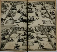 An illustration from Gedenkwaerdig bedryf der Nederlandsche Oost-Indische maetschappye, op de kuste en in het keizerrijk van Taising of Sina: behelzende het tweede gezandschap aen den onder-koning Singlamong en veldheer Taising Lipoui; door Jan van Kampen en Konstantyn Nobel. Vervolgt met een verhael van het voorgevallen des jaers zestien hondert drie ein vier en zestig, op de kust van Sina, en ontrent d'eilanden Tayowan, Formosa, Ay en Quemuy, onder 't gezag van Balthasar Bort: en het derde gezandschap aen Konchy, Tartarsche keizer van Sina en Oost-Tartarye: onder beleit van Zijne Ed. Pieter van Hoorn. Beneffens een beschryving van geheel Sina. Verciert doorgaens met verscheide kopere platen (1670)