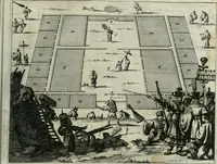 An illustration from Gedenkwaerdig bedryf der Nederlandsche Oost-Indische maetschappye, op de kuste en in het keizerrijk van Taising of Sina: behelzende het tweede gezandschap aen den onder-koning Singlamong en veldheer Taising Lipoui; door Jan van Kampen en Konstantyn Nobel. Vervolgt met een verhael van het voorgevallen des jaers zestien hondert drie ein vier en zestig, op de kust van Sina, en ontrent d'eilanden Tayowan, Formosa, Ay en Quemuy, onder 't gezag van Balthasar Bort: en het derde gezandschap aen Konchy, Tartarsche keizer van Sina en Oost-Tartarye: onder beleit van Zijne Ed. Pieter van Hoorn. Beneffens een beschryving van geheel Sina. Verciert doorgaens met verscheide kopere platen (1670)