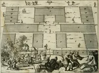 An illustration from Gedenkwaerdig bedryf der Nederlandsche Oost-Indische maetschappye, op de kuste en in het keizerrijk van Taising of Sina: behelzende het tweede gezandschap aen den onder-koning Singlamong en veldheer Taising Lipoui; door Jan van Kampen en Konstantyn Nobel. Vervolgt met een verhael van het voorgevallen des jaers zestien hondert drie ein vier en zestig, op de kust van Sina, en ontrent d'eilanden Tayowan, Formosa, Ay en Quemuy, onder 't gezag van Balthasar Bort: en het derde gezandschap aen Konchy, Tartarsche keizer van Sina en Oost-Tartarye: onder beleit van Zijne Ed. Pieter van Hoorn. Beneffens een beschryving van geheel Sina. Verciert doorgaens met verscheide kopere platen (1670)