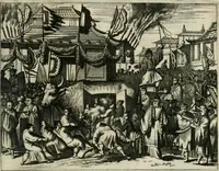 An illustration from Gedenkwaerdig bedryf der Nederlandsche Oost-Indische maetschappye, op de kuste en in het keizerrijk van Taising of Sina: behelzende het tweede gezandschap aen den onder-koning Singlamong en veldheer Taising Lipoui; door Jan van Kampen en Konstantyn Nobel. Vervolgt met een verhael van het voorgevallen des jaers zestien hondert drie ein vier en zestig, op de kust van Sina, en ontrent d'eilanden Tayowan, Formosa, Ay en Quemuy, onder 't gezag van Balthasar Bort: en het derde gezandschap aen Konchy, Tartarsche keizer van Sina en Oost-Tartarye: onder beleit van Zijne Ed. Pieter van Hoorn. Beneffens een beschryving van geheel Sina. Verciert doorgaens met verscheide kopere platen (1670)