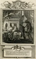 An illustration from Geistliche Todts-Gedancken : bey allerhand Gemählden und Schildereyen in Vorbildung unterschiedlichen Geschlechts, Alters, Standes, und Würdens-Persohnen sich des Todes zu erinneren, aus dessen Lehr die Tugend zu üben, und die Sünd zu meyden : erstlich in Kupfer entworffen, nachmahlen durch sittliche Erörtherung und Uberlegung unter Todten-Farben in Vorschein gebracht, dardurch zum Heyl der Seelen im Gemüth des geneigten Lesers ein lebendige Forcht und embsige Vorsorg des Todes zu erwecken (1753)
