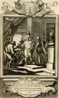 An illustration from Geistliche Todts-Gedancken : bey allerhand Gemählden und Schildereyen in Vorbildung unterschiedlichen Geschlechts, Alters, Standes, und Würdens-Persohnen sich des Todes zu erinnern, aus dessen Lehr die Tugend zu üben, und die Sünd zu meyden : erstlich in Kupfer entworffen, nachmahlen durch sittliche Erörtherung und Uberlegung unter Todten-Farben in Vorschein gebracht, dardurch zum Heyl der Seelen im Gemüth des geneigten Lesers ein lebendige Forcht und embsige Vorsorg des Todes zu erwecken (1753)