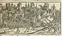 An illustration from Gemeiner loblicher Eydgnoschafft Stetten, Landen vnd Völckeren Chronick wirdiger Thaaten Beschreybung : hieriñ wirt auch die Gelegenheit der gantzen Europe : item ein kurtzuer griffne Chronica Germanie oder Teütschlands : in sonders aber ein fleyssige histori vnd ordenliche Beschreybung Gallie oder Franckrychs fürgestellt : darauff deñ obgedachte der Eydgnoschafft Beschreybung volget ... (1548)