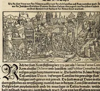 An illustration from Gemeiner loblicher Eydgnoschafft Stetten, Landen vnd Völckeren Chronick wirdiger Thaaten Beschreybung : hieriñ wirt auch die Gelegenheit der gantzen Europe : item ein kurtzuer griffne Chronica Germanie oder Teütschlands : in sonders aber ein fleyssige histori vnd ordenliche Beschreybung Gallie oder Franckrychs fürgestellt : darauff deñ obgedachte der Eydgnoschafft Beschreybung volget ... (1548)