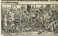 An illustration from Gemeiner loblicher Eydgnoschafft Stetten, Landen vnd Völckeren Chronick wirdiger Thaaten Beschreybung : hieriñ wirt auch die Gelegenheit der gantzen Europe : item ein kurtzuer griffne Chronica Germanie oder Teütschlands : in sonders aber ein fleyssige histori vnd ordenliche Beschreybung Gallie oder Franckrychs fürgestellt : darauff deñ obgedachte der Eydgnoschafft Beschreybung volget ... (1548)