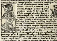 An illustration from Gemeiner loblicher Eydgnoschafft Stetten, Landen vnd Völckeren Chronick wirdiger Thaaten Beschreybung : hieriñ wirt auch die Gelegenheit der gantzen Europe : item ein kurtzuer griffne Chronica Germanie oder Teütschlands : in sonders aber ein fleyssige histori vnd ordenliche Beschreybung Gallie oder Franckrychs fürgestellt : darauff deñ obgedachte der Eydgnoschafft Beschreybung volget ... (1548)