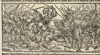 An illustration from Gemeiner loblicher Eydgnoschafft Stetten, Landen vnd Völckeren Chronick wirdiger Thaaten Beschreybung : hieriñ wirt auch die Gelegenheit der gantzen Europe : item ein kurtzuer griffne Chronica Germanie oder Teütschlands : in sonders aber ein fleyssige histori vnd ordenliche Beschreybung Gallie oder Franckrychs fürgestellt : darauff deñ obgedachte der Eydgnoschafft Beschreybung volget ... (1548)