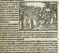 An illustration from Gemeiner loblicher Eydgnoschafft Stetten, Landen vnd Völckeren Chronick wirdiger Thaaten Beschreybung : hieriñ wirt auch die Gelegenheit der gantzen Europe : item ein kurtzuer griffne Chronica Germanie oder Teütschlands : in sonders aber ein fleyssige histori vnd ordenliche Beschreybung Gallie oder Franckrychs fürgestellt : darauff deñ obgedachte der Eydgnoschafft Beschreybung volget ... (1548)