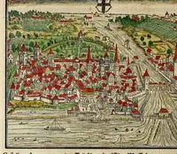 An illustration from Gemeiner loblicher Eydgnoschafft Stetten, Landen vnd Völckeren Chronick wirdiger Thaaten Beschreybung : hieriñ wirt auch die Gelegenheit der gantzen Europe : item ein kurtzuer griffne Chronica Germanie oder Teütschlands : in sonders aber ein fleyssige histori vnd ordenliche Beschreybung Gallie oder Franckrychs fürgestellt : darauff deñ obgedachte der Eydgnoschafft Beschreybung volget ... (1548)