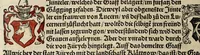 An illustration from Gemeiner loblicher Eydgnoschafft Stetten, Landen vnd Völckeren Chronick wirdiger Thaaten Beschreybung : hieriñ wirt auch die Gelegenheit der gantzen Europe : item ein kurtzuer griffne Chronica Germanie oder Teütschlands : in sonders aber ein fleyssige histori vnd ordenliche Beschreybung Gallie oder Franckrychs fürgestellt : darauff deñ obgedachte der Eydgnoschafft Beschreybung volget ... (1548)