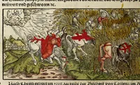 An illustration from Gemeiner loblicher Eydgnoschafft Stetten, Landen vnd Völckeren Chronick wirdiger Thaaten Beschreybung : hieriñ wirt auch die Gelegenheit der gantzen Europe : item ein kurtzuer griffne Chronica Germanie oder Teütschlands : in sonders aber ein fleyssige histori vnd ordenliche Beschreybung Gallie oder Franckrychs fürgestellt : darauff deñ obgedachte der Eydgnoschafft Beschreybung volget ... (1548)