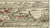 An illustration from Gemeiner loblicher Eydgnoschafft Stetten, Landen vnd Völckeren Chronick wirdiger Thaaten Beschreybung : hieriñ wirt auch die Gelegenheit der gantzen Europe : item ein kurtzuer griffne Chronica Germanie oder Teütschlands : in sonders aber ein fleyssige histori vnd ordenliche Beschreybung Gallie oder Franckrychs fürgestellt : darauff deñ obgedachte der Eydgnoschafft Beschreybung volget ... (1548)