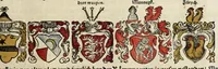 An illustration from Gemeiner loblicher Eydgnoschafft Stetten, Landen vnd Völckeren Chronick wirdiger Thaaten Beschreybung : hieriñ wirt auch die Gelegenheit der gantzen Europe : item ein kurtzuer griffne Chronica Germanie oder Teütschlands : in sonders aber ein fleyssige histori vnd ordenliche Beschreybung Gallie oder Franckrychs fürgestellt : darauff deñ obgedachte der Eydgnoschafft Beschreybung volget ... (1548)
