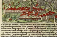 An illustration from Gemeiner loblicher Eydgnoschafft Stetten, Landen vnd Völckeren Chronick wirdiger Thaaten Beschreybung : hieriñ wirt auch die Gelegenheit der gantzen Europe : item ein kurtzuer griffne Chronica Germanie oder Teütschlands : in sonders aber ein fleyssige histori vnd ordenliche Beschreybung Gallie oder Franckrychs fürgestellt : darauff deñ obgedachte der Eydgnoschafft Beschreybung volget ... (1548)