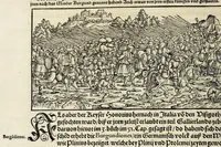 An illustration from Gemeiner loblicher Eydgnoschafft Stetten, Landen vnd Völckeren Chronick wirdiger Thaaten Beschreybung : hieriñ wirt auch die Gelegenheit der gantzen Europe : item ein kurtzuer griffne Chronica Germanie oder Teütschlands : in sonders aber ein fleyssige histori vnd ordenliche Beschreybung Gallie oder Franckrychs fürgestellt : darauff deñ obgedachte der Eydgnoschafft Beschreybung volget ... (1548)