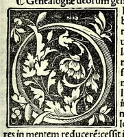An illustration from Genealogiae Joannis Boccatii : cum demonstrationibus in formis arborũ designatis : eiusdẽ de mõtibus [et] syluis, de fontibus, lacubus [et] fluminibus : ac etiã de stagnis [et] paludibus, necnon [et] de maribus, seu diuersis maris nominibus (1511)