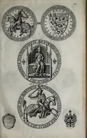 An illustration from A genealogical history of the kings of England, and monarchs of Great Britain, &c. : from the Conquest, anno 1066, to the year 1677 : in seven parts or books containing a discourse of their several lives, marriages, and issues ... with their effigies, seals, tombs ... all engraven in copper plates : furnished with several remarques and annotations (1677)