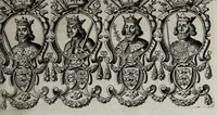An illustration from A genealogical history of the kings of England, and monarchs of Great Britain, &c. : from the Conquest, anno 1066, to the year 1677 : in seven parts or books containing a discourse of their several lives, marriages, and issues ... with their effigies, seals, tombs ... all engraven in copper plates : furnished with several remarques and annotations (1677)