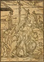 An illustration from Genealogie et la fin des Huguenaux, & descouverte du Calvinisme : où est sommairemet descrite l'histoire des troubles excitez en France parlesdits Huguenaux, iusques à present (1573)