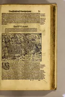 Picture 1 of 6 from General Chronica, das ist: Warhaffte eigentliche vnd kurtze Beschreibung, vieler namhaffter, vnd zum Theil biss daher vnbekannter Landtschafften, : erstlich dess Grossmechtigen vnd gewaltigen Herrn Priester Johan[n]s, Königs in Morenlandt, Königreichen vnd Herrschafften, auch derselbigen beyde geistliche vnd weltliche Regiment. Zum andern ein gemeine Beschreibung dess gantzen Erdbodems, in drey Bücher getheilt, nemlich, Asiam, Aphricam, vnd Europam, vnd was sich fürnemlich darinnen für guts und böses, zu Wasser und Landt, mit Krieg, Brunst, Hunger vnd dergleichen, von anfang der Welt, biss vff erbauwung der Statt Rom, vnd von dannen biss zu der Zeit Honorii vnd Theodosii, begeben vnd zugetrragen hat. Zum dritten vnd letzten, ein kurtzer Summarischer doch verstendtlicher Ausszug vnd Beschreibung der neuw erfundenen Inseln, Americe vnd Magellane, so man die neuwe Welt pflegt zu nennen. Darinnen alle Völcker vnd Nationen, die in der gantzen Welt (als viel deren jetziger Zeit bekannt sind) wohnen, sampt ihrer Ankunfft und Herkommen, auch Art vnd Natur, item Ceremonien und Gebräuchen in geistlichen und weltlichen sachen, trewlich beschrieben, vnd gleich als in einer Tafel abgemalt, für die Augen gestelt werden. Jetzt auffs neuw mit sonderm grossen fleiss, besser als zuuor, beschrieben vnd verteutscht, auch mehrer richtigkeit halben in drey vnderschiedliche Bücher getheilt, dergleichen noch niemals aussgangen (1581), leaf 27