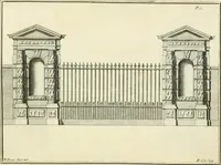 An illustration from The gentlemens or builders companion : containing variety of usefull designs for doors, gateways, peers, pavilions, temples, chimney-pieces, slab tables, pier glasses, or tabernacle frames, ceiling peices [sic] &c. (1739)