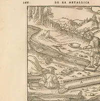 An illustration from Georgii Agricolae De re metallica libri XII quibus officia, instrumenta, machinae, ac omnia deni[que] ad metallicam spectantia, non modo luculentissimè describuntur, sed & per effigies, suis locis insertas, adiunctis latinis, germanicis[que] appellationibus ita ob oculos ponuntur, ut clarius tradi non possint : eiusdem de animantibus subterraneis liber, ab autore recognitus, cum indicibus diuersis, quicquid in opere tractatum est, pulchrè demonstrantibus (1556)